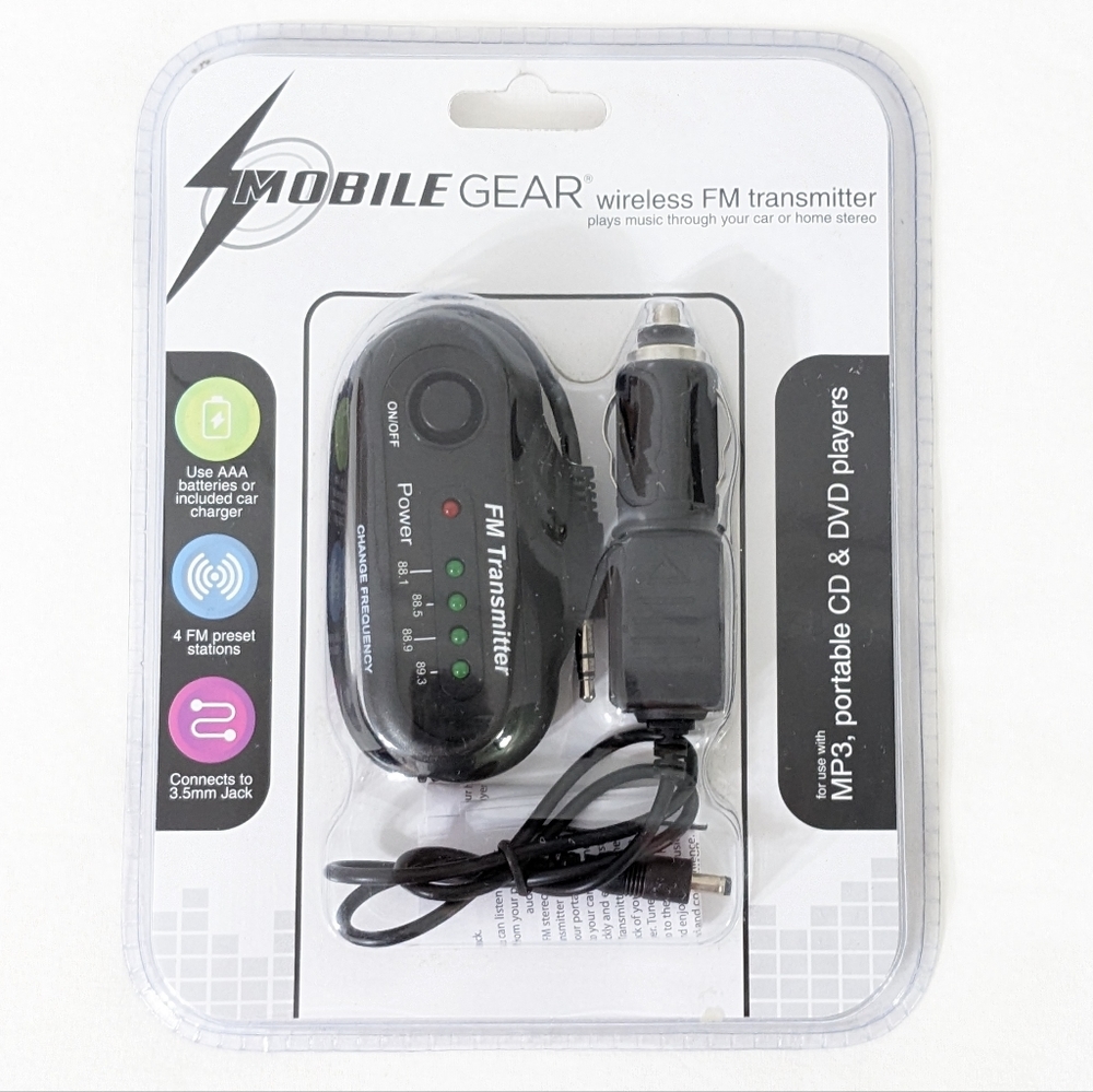 Mobile Gear Wireless FM Transmitter, 3.5 mm Jack, 4 FM Preset Stations, NEW